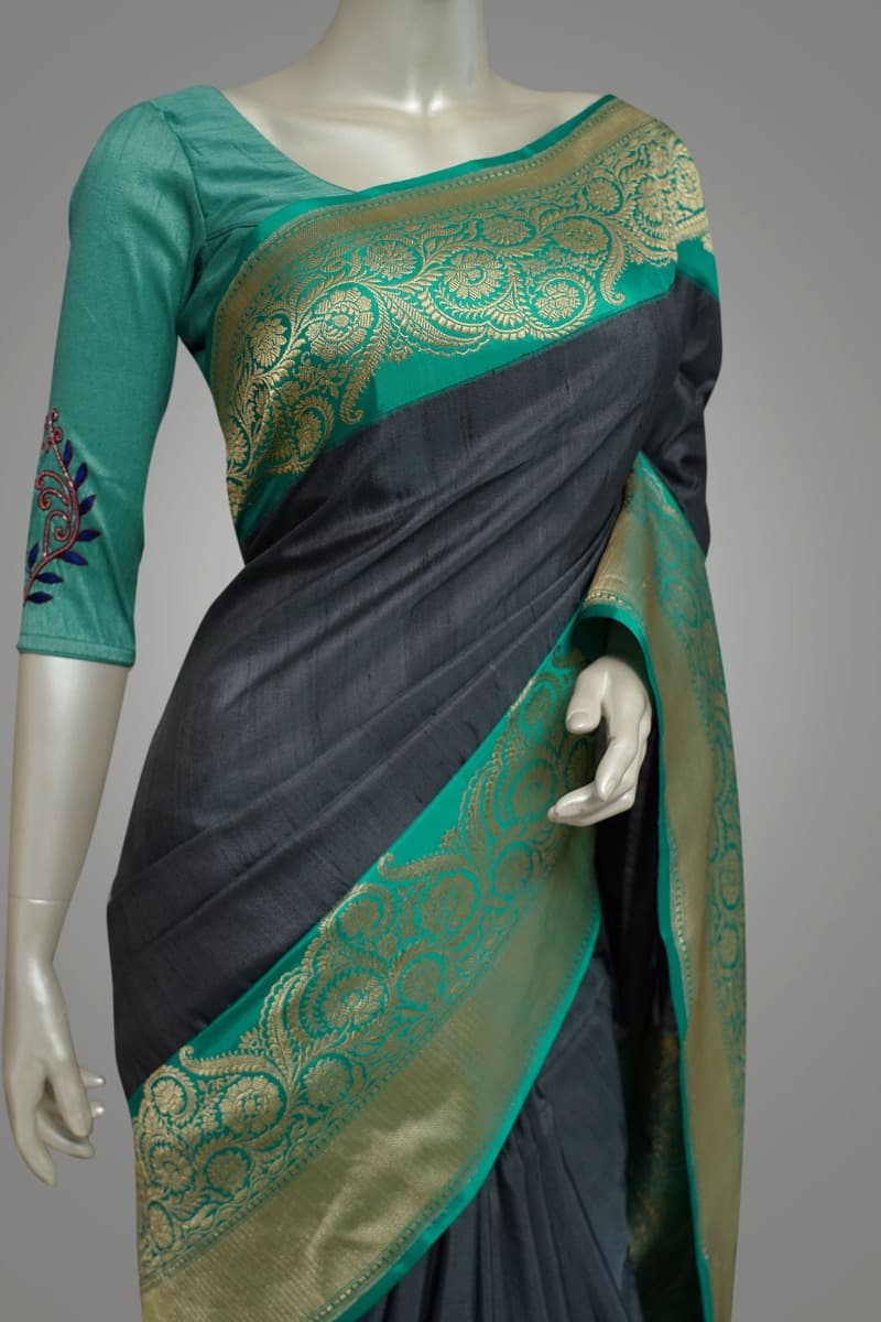 Teal Grey and Sapphire Green Banarasi Silk Saree