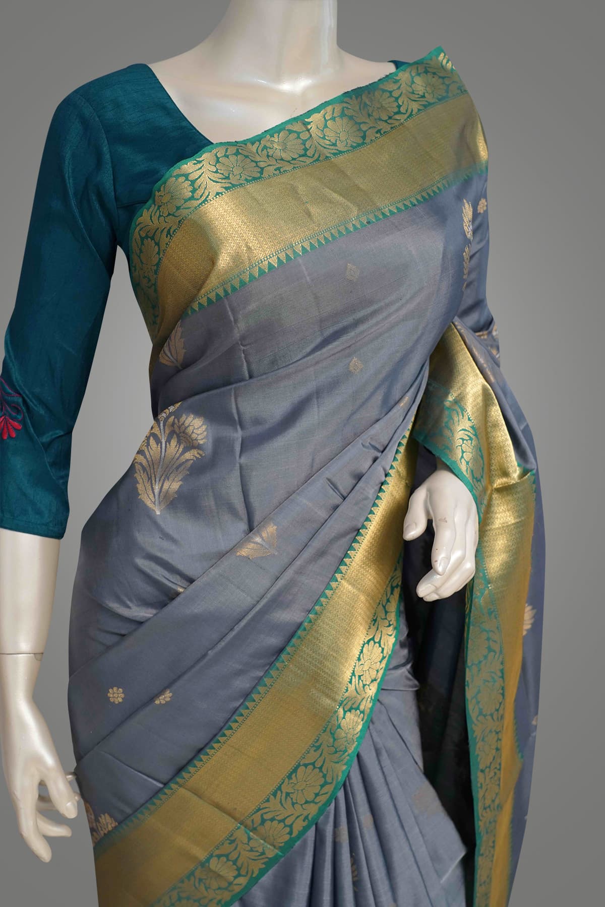 Ash and Sapphire Green Kanchipuram Soft Silk Saree