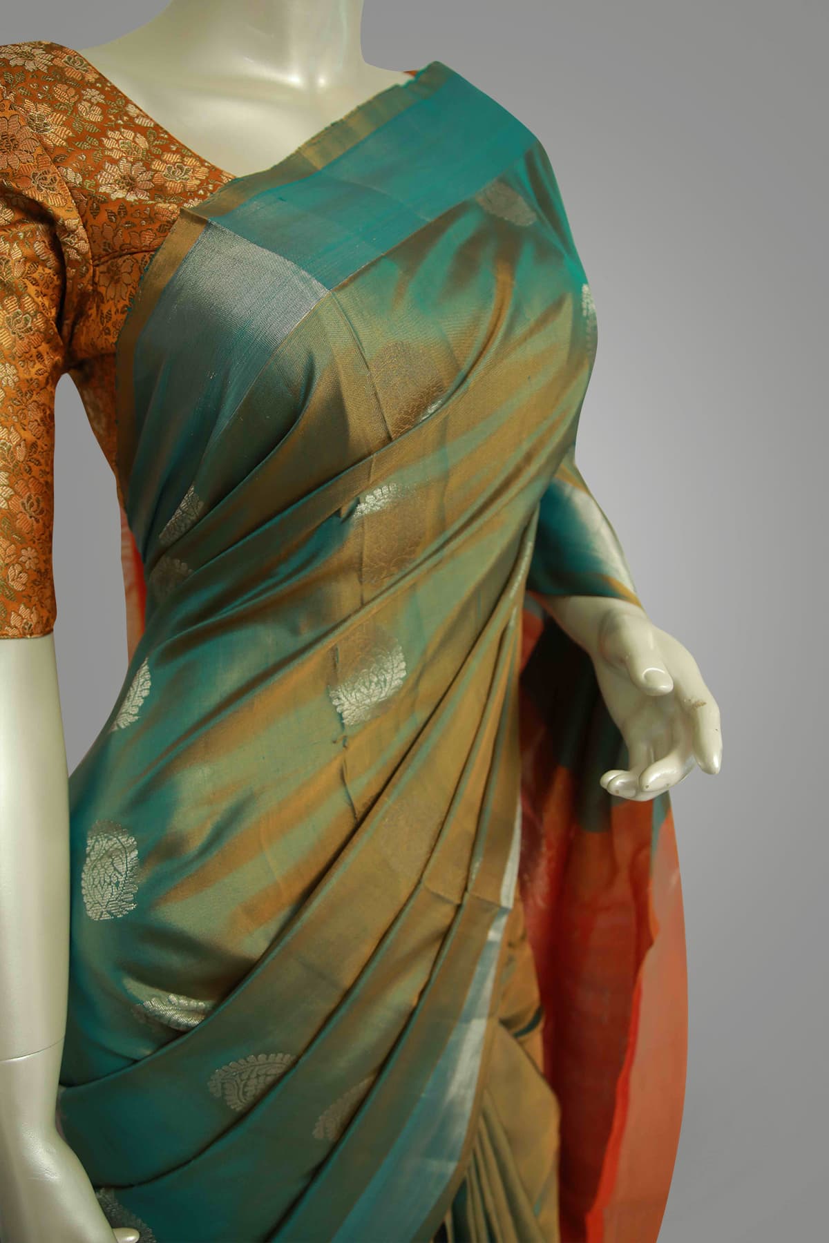 Moss Green and Peach Pink  Color Soft Silk Saree