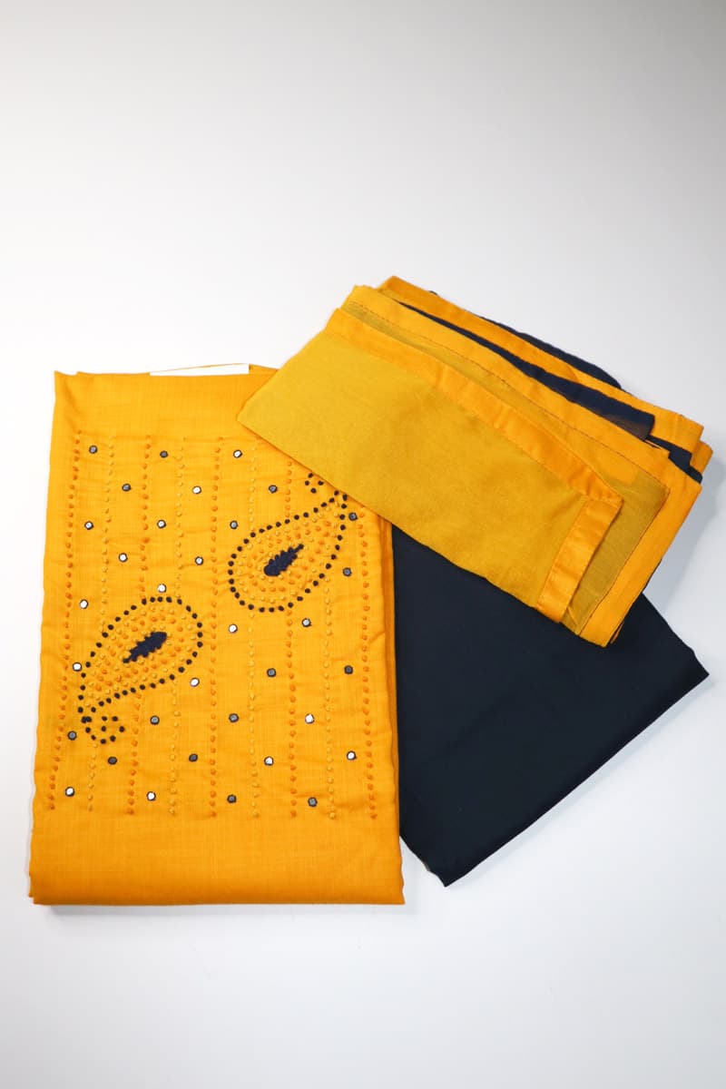 Yellow and Navy Blue Color Cotton Salwar Suit