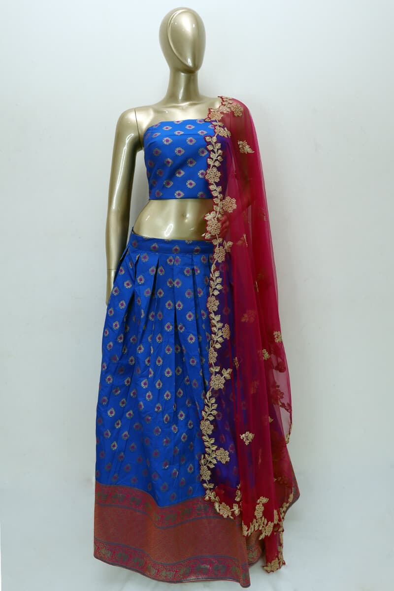 Royal Blue Color Banarasi Silk Semi-Stitched Dhavani