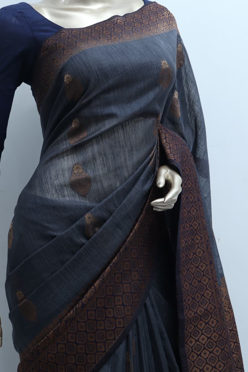 Ash Color Semi Banarasi Silk Saree