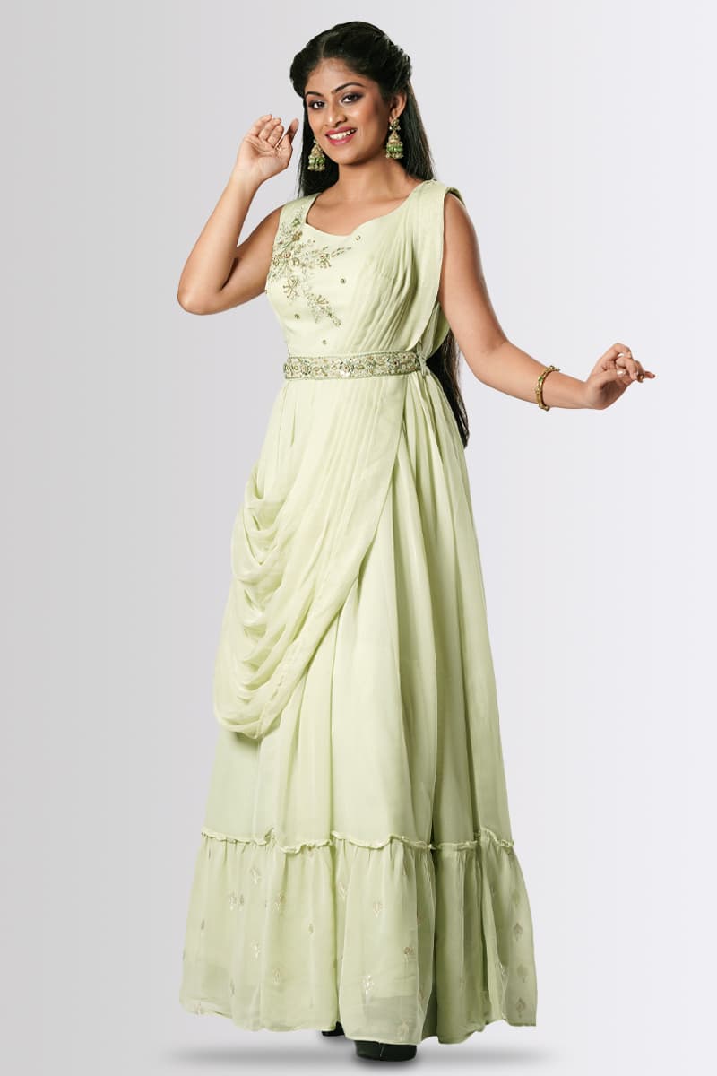 Pastel Green Georgette Saree Gown Ornamented With Waist Belt