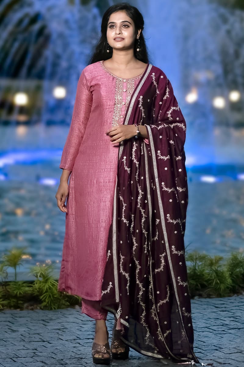 Onion Pink Liva Silk Salwar Suit Set