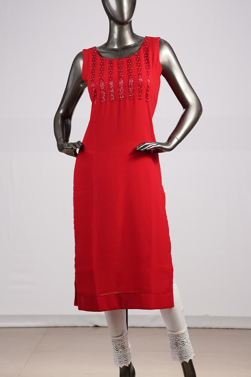 Red Georgette Kurti With Bead Work
