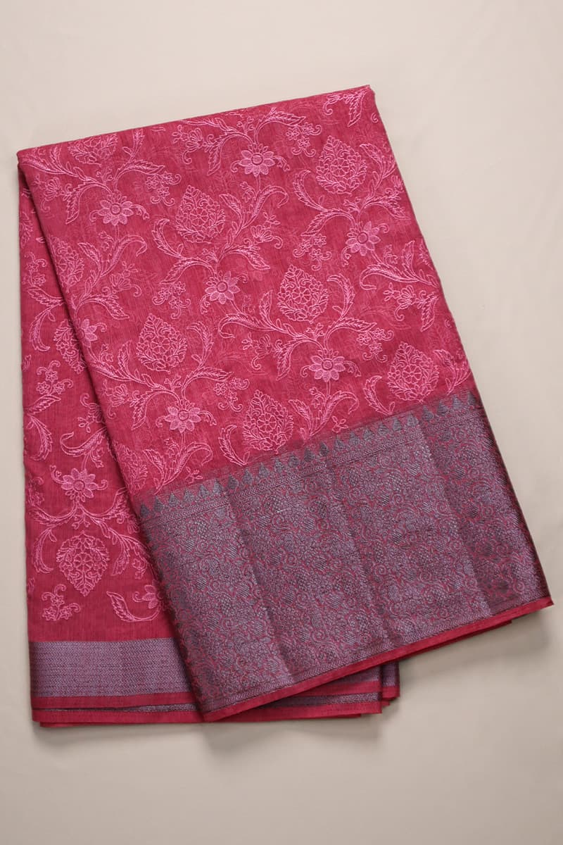 LIGHT RED EMBROIDERY SEMI LINEN FANCY SAREE
