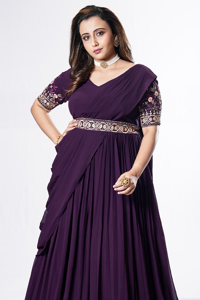  Purple Georgette Saree Gown  With Embellished Belt