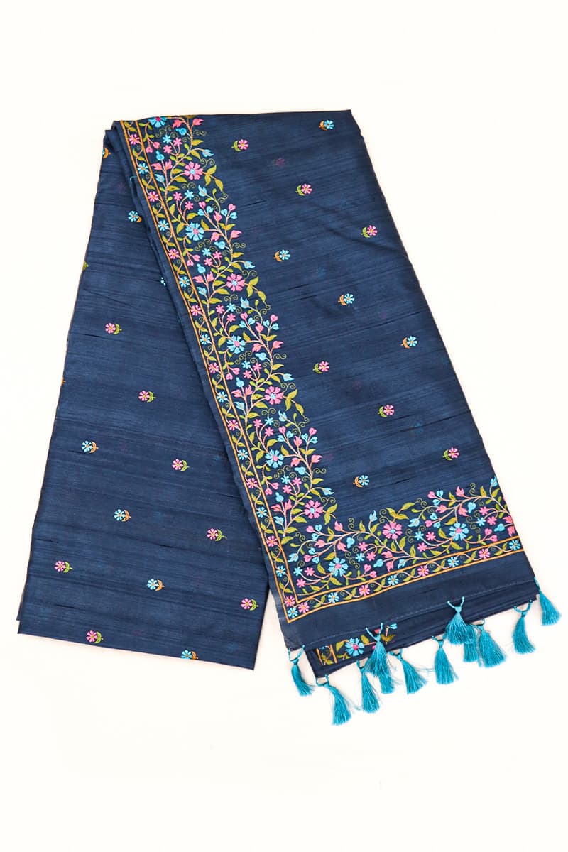 Space Blue Tussar Silk Saree With Multi-Color Embroidery